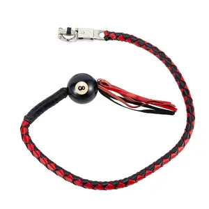 Dream Apparel 36 inch Leather Motorcycle Whip with Fringe and Black Pool 8-Ball , Black/Red, Stainless Steel Quick-Release Clasp