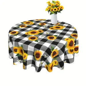 EastJia Made in USA Polyester Round Sunflower Plaid Gingham Floral Farmhouse Tablecloth, Washable Reusable Durable Easy-Care Table Cover for Kitchen, Party Decor