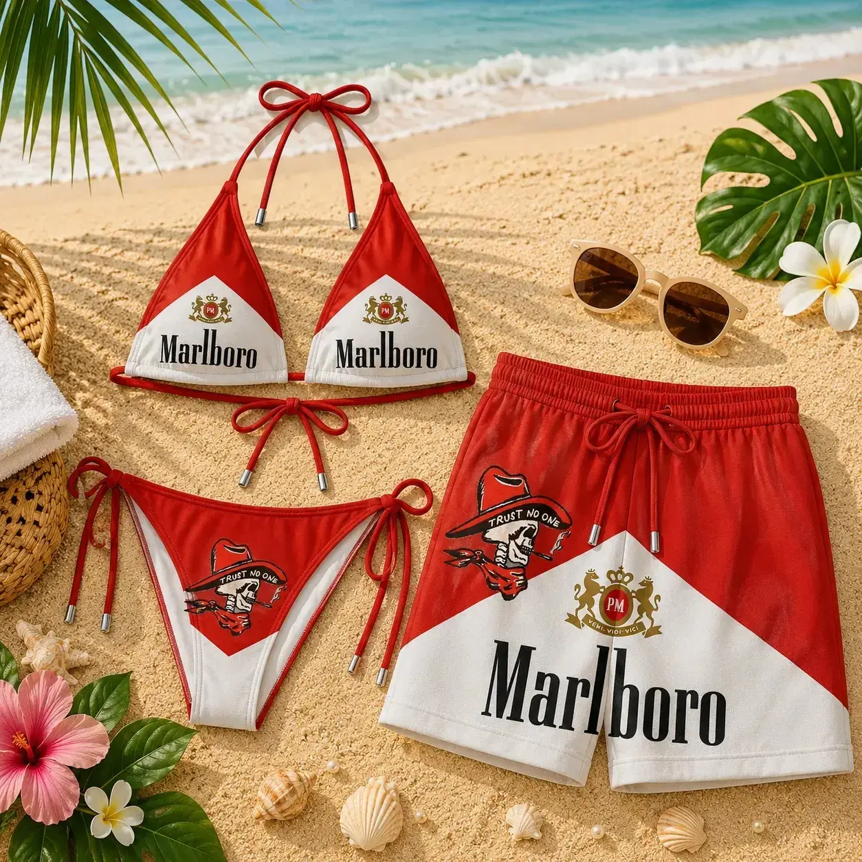 Marlboro Desert Cowboy Print Couple Beachwear - Women’s Bikini Set, Men’s Swim Shorts, Vintage Western Aesthetic, Bold Graphic Summer Vacation Swimwear