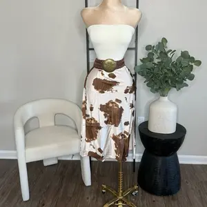 Cow Girl Skirt - White with Brown Spotted Design and Belted Waist Feature Womenswear