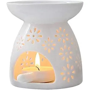 Flower Pattern Ceramic Wax Melt Burner, Aromatherapy Wax Warmer & Candle Holder for Home Bedroom Decor, Air Freshening Home Fragrance Oil Burner