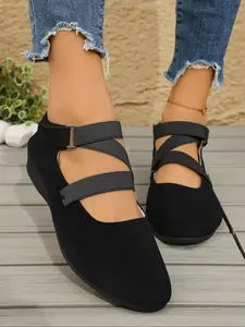 Women's Criss-Cross Elastic Slip-On Ballet Flats, Spring & Fall Casual Low-Top Shoes, Breathable PU Leather, Thick Sole, Comfortable Walking