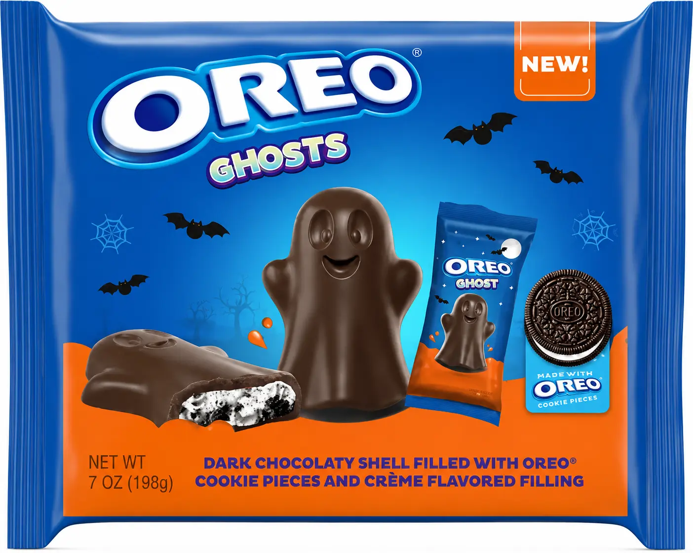 OREO Cookies & Cream Filled Dark Cocoa Ghosts, 7oz Sweet Biscuits, Halloween Candy Treats, 7.0 oz Snack