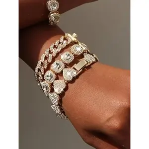 4 Piece Set Fashion Hip Hop Cuban Chain Luxury Full Rhinestone Polygon Bracelets, Exquisite Trendy Bracelet, New Round Square Bracelet Set, Casual Style