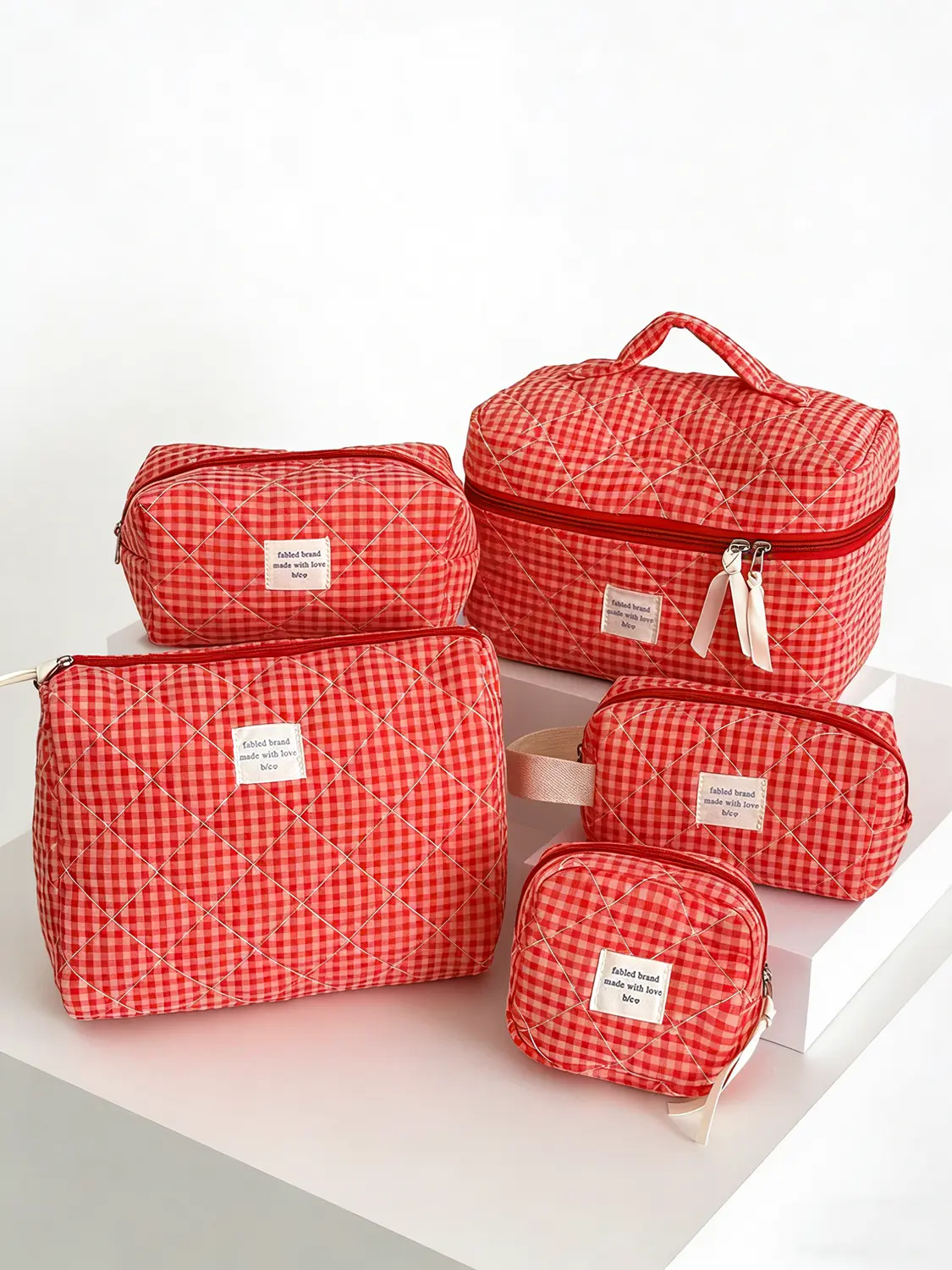 5-Piece Cosmetic Bags Set for Women, Korean Vintage Raspberry Checkerboard Makeup Organizers for Travel, Zippered Toiletry Pouch, Travel Makeup Bags Organizers, Makeup Organization