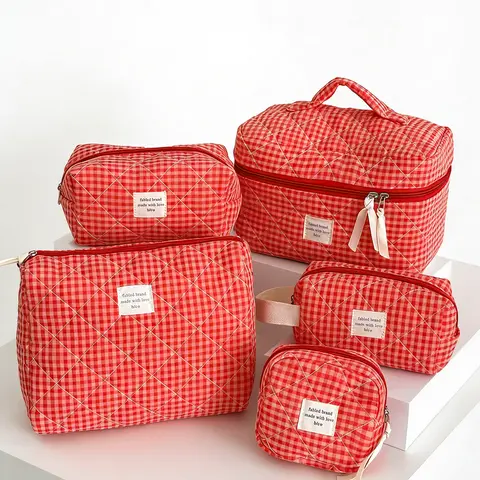 Women's 5-Piece Retro Korean Raspberry Checkerboard Cosmetic Bags Set - Dustproof Polyester Travel Cosmetic Bags, Zippered Vanity Pouch, Toiletry Organizer for Travel & Makeup Organization