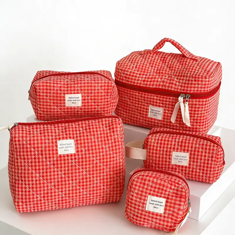 Women's 5-Piece Retro Korean Raspberry Checkerboard Cosmetic Bags Set - Dustproof Polyester Travel Cosmetic Bags, Zippered Vanity Pouch, Toiletry Organizer for Travel & Makeup Organization