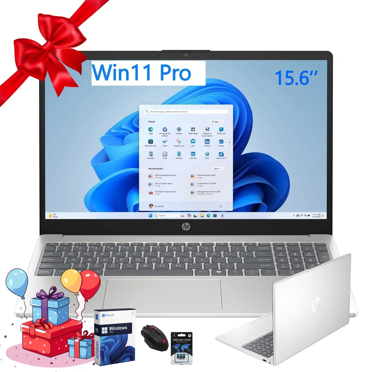 HP D1523 15.6-Inch HD AI Laptop - Intel Core Ultra 5 225U, Up to 32GB RAM, 1TB SSD, Windows Pro, Natural Silver, Multiple Ports, Business Use Accessory Bundle (with AI Capabilities)