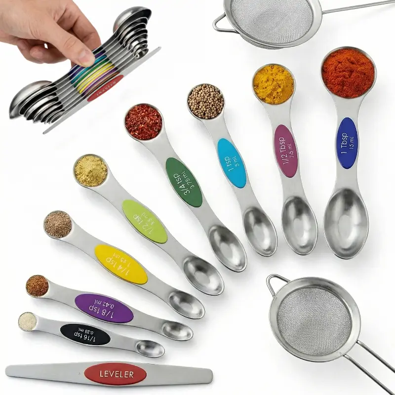 9‑Pack Magnetic Stainless Steel Dual‑Sided Measuring Spoons, Stackable Adjustable Kitchen Spoon Set With Leveler