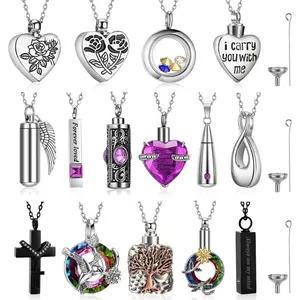 15 Pcs Urn Necklace for Ashes Women Keepsake Cremation Jewelry Stainless Steel Cross Heart Cubic Locket Ashes Necklace for Human Loved One