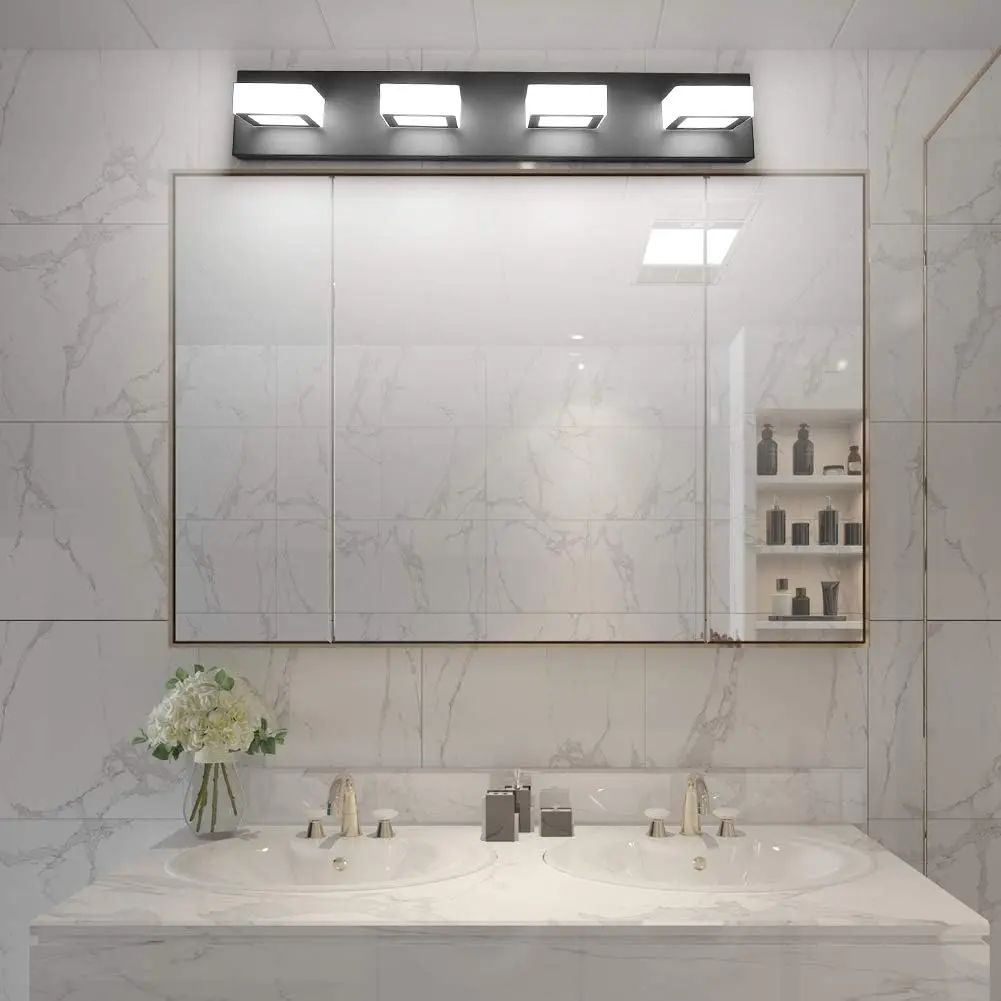 Modern Matte Black Bathroom Vanity Light, 4-Light LED Acrylic Shade Wall Mount Bathroom Lighting Fixture for Mirror Cabinet