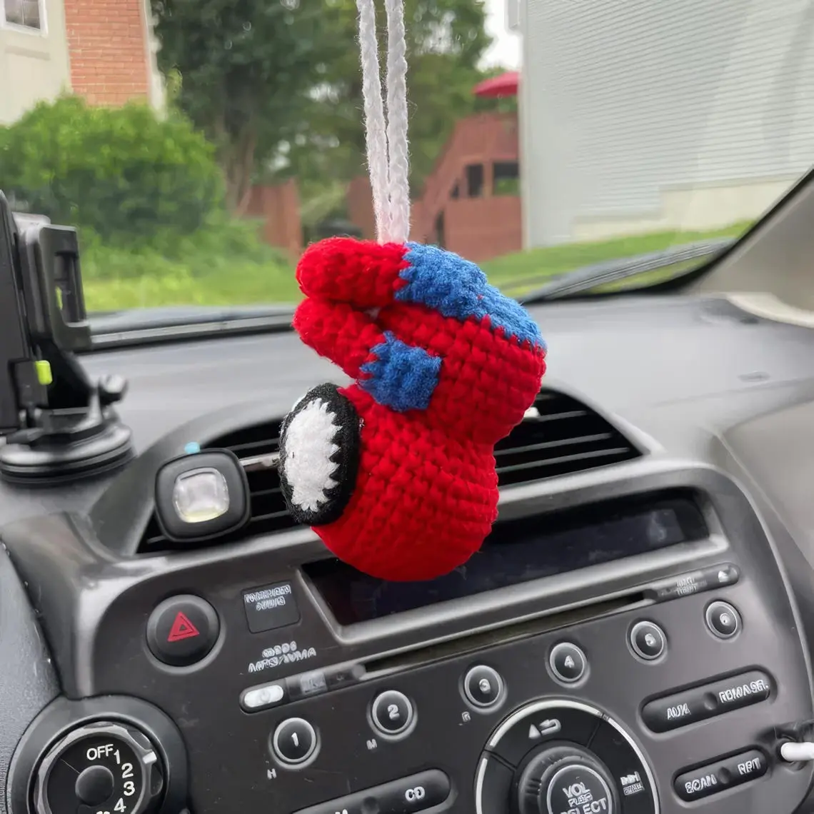 Red Blue Crochet Hanging Car Charm, Handmade Amigurumi Rear View Mirror Ornament, Cute Yarn Car Accessory, Gift for Crochet Lovers