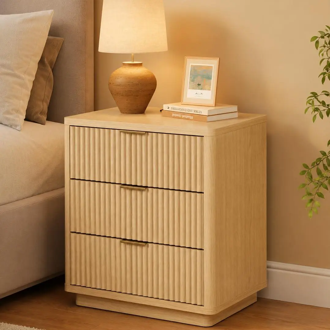 Light Wood Rectangular Nightstand with 3 Drawers, Charging Hub (2 AC Outlets, 2 USB Ports), Fluted Look Wood & Metal End Table with Metal Handles, Simple Setup for Bedroom Living Room