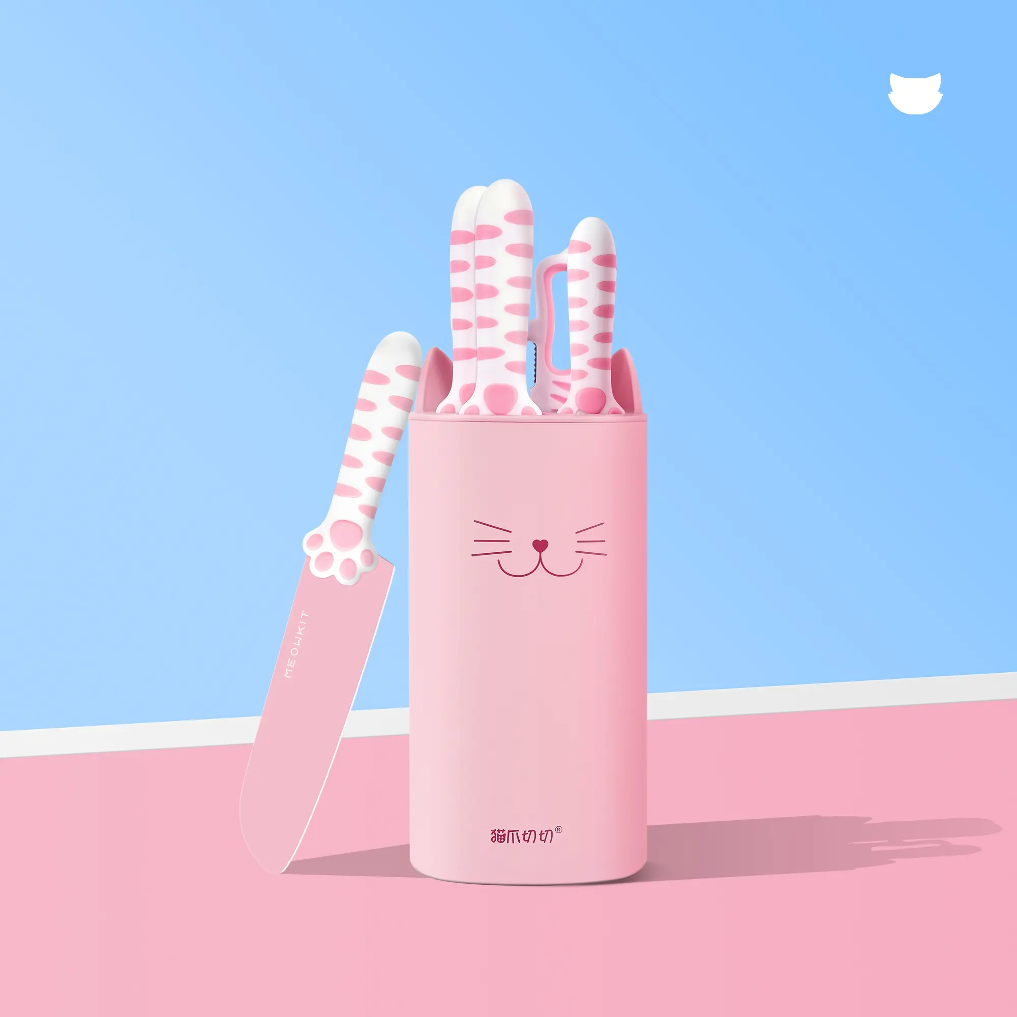 Meowkit Soft Pink Aesthetic 5-Piece Kitchen Knife Set with Detachable Block - Stainless Steel Blades, Ergonomic Handles, Nonstick Design for Home Cooking, Meat Cutting, Knives