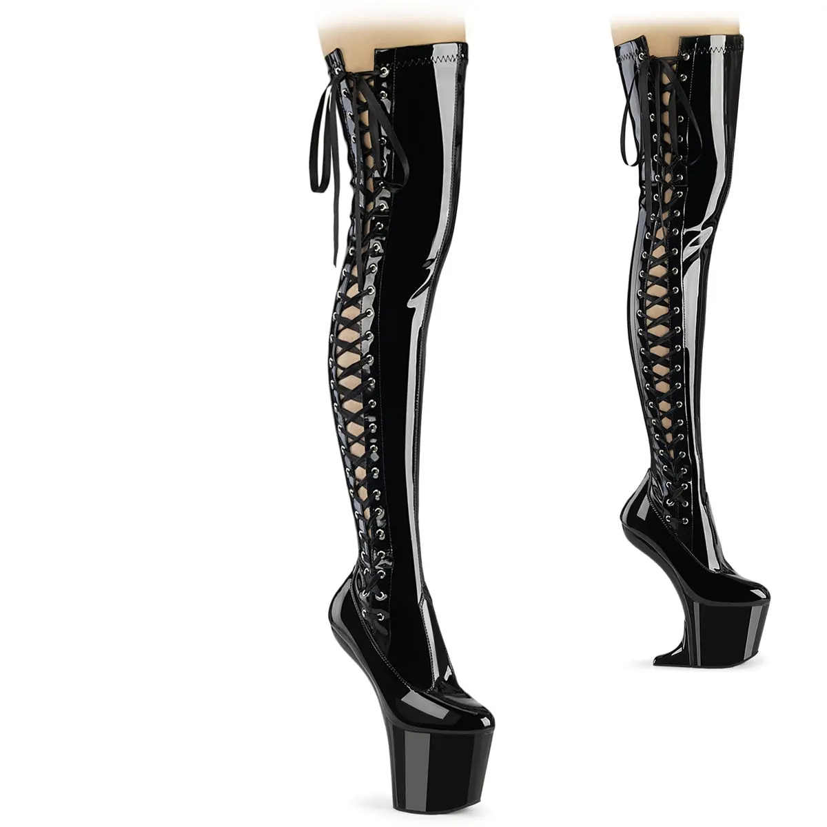 Women's Stretch Patent Thigh-High Boots with a Fitted Shine, 8 in Heelless Platform Footwear with Side Lace-Up, Full Zip & Convertible Wedge, Synthetic, Photo Shoot