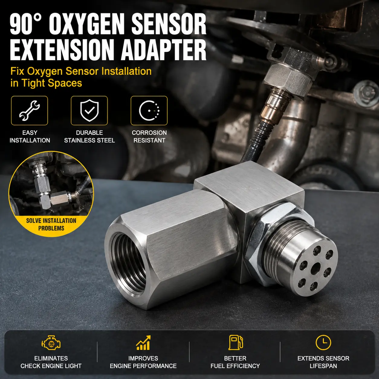 1PC 90-Degree M18 x 1.5 Stainless Steel Threaded Sensor Adapter with Lock Nut, Right-Angle Male to Female Fitting Connector for Compatible Automotive Maintenance and Tight-Space Installation