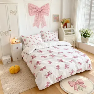 Bow bedding set 3-piece set (1 quilt cover + 2 pillowcases, coreless), high-end simple pink princess style bow print quilt cover set, suitable for all room decoration, machine washable and available in all seasons, Soft bedding sets, soft and comfortable