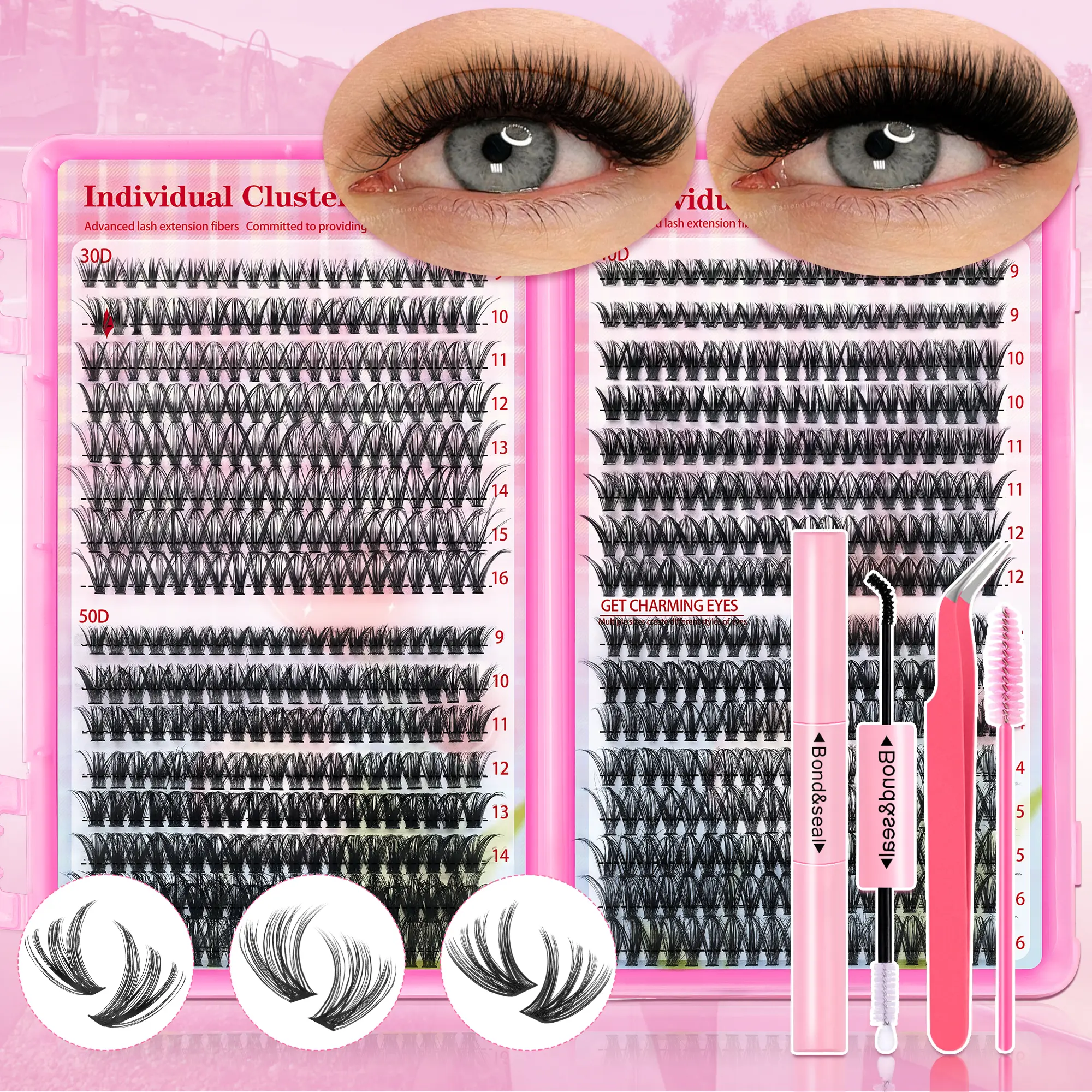 Daily Natural Cluster Lashes Kit with Glue & Tweezer, 30D+40D+50D Wispy Individual Lashes 640pcs 9-16mm Fluffy D Curl Mixed Styles DIY Cluster Eyelash Extensions Set for Beginners Makeup