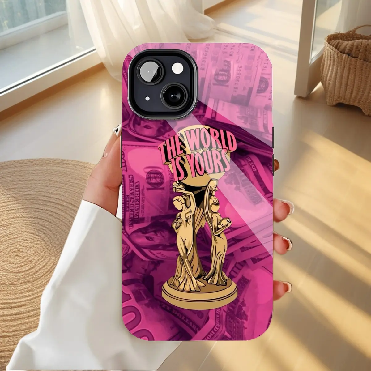 Scarface "The World Is Yours" Pink Gradient Smartphone Case - Golden Statue Design, Durable, Stylish, for Trendsetters, Daily Use, Compatible with iPhone 11/12/13/14/15/16 (Pro Max/Plus) | Cellphone Handheld Devices Accessories