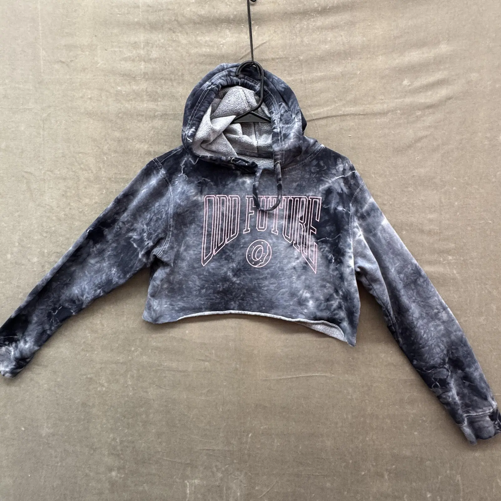 Odd Future Hoodie Womens Large Black Gray Tie Dye Cropped Raw Hem Donut Logo