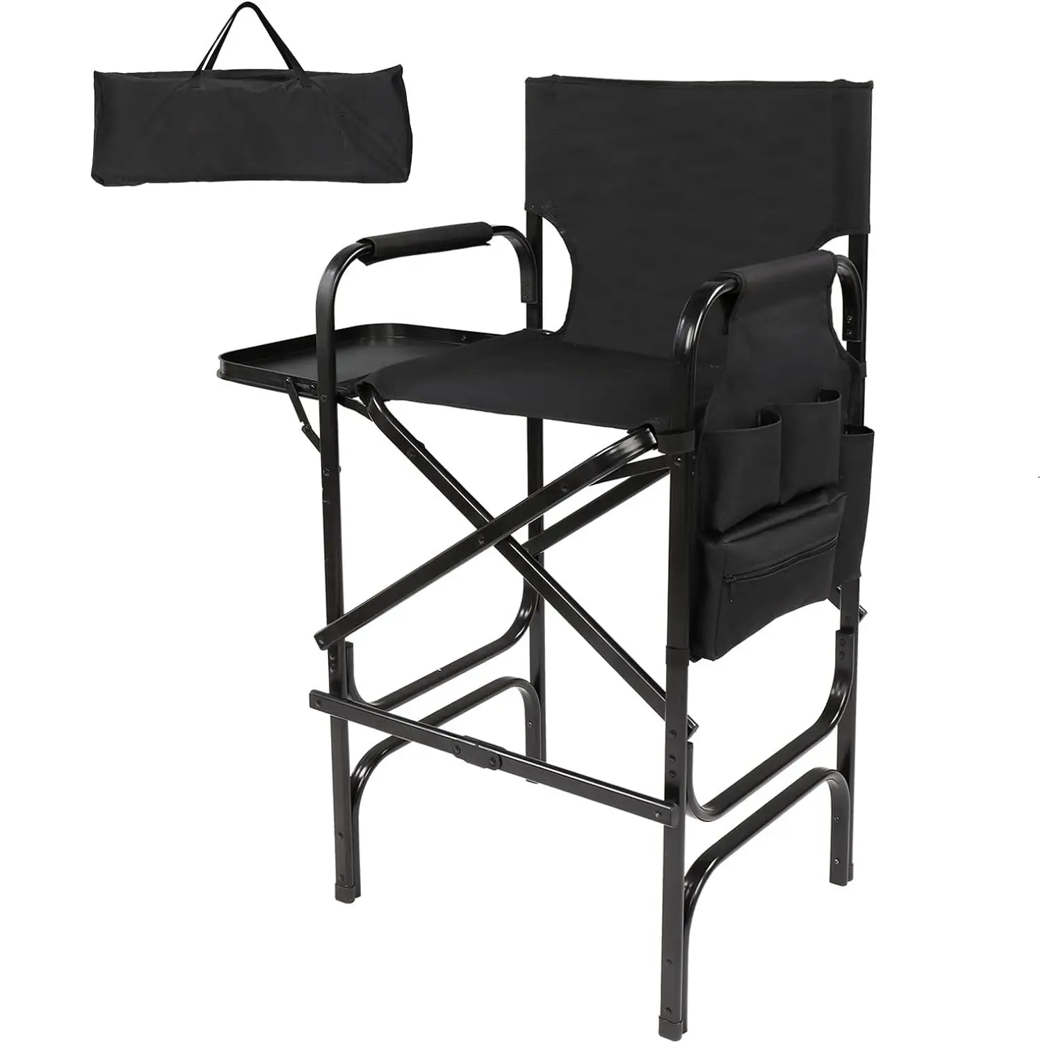 OmySalon 300 lbs Capacity, 30" Tall Black Aluminium Frame Makeup Chair Folding Director Chair with Side Table