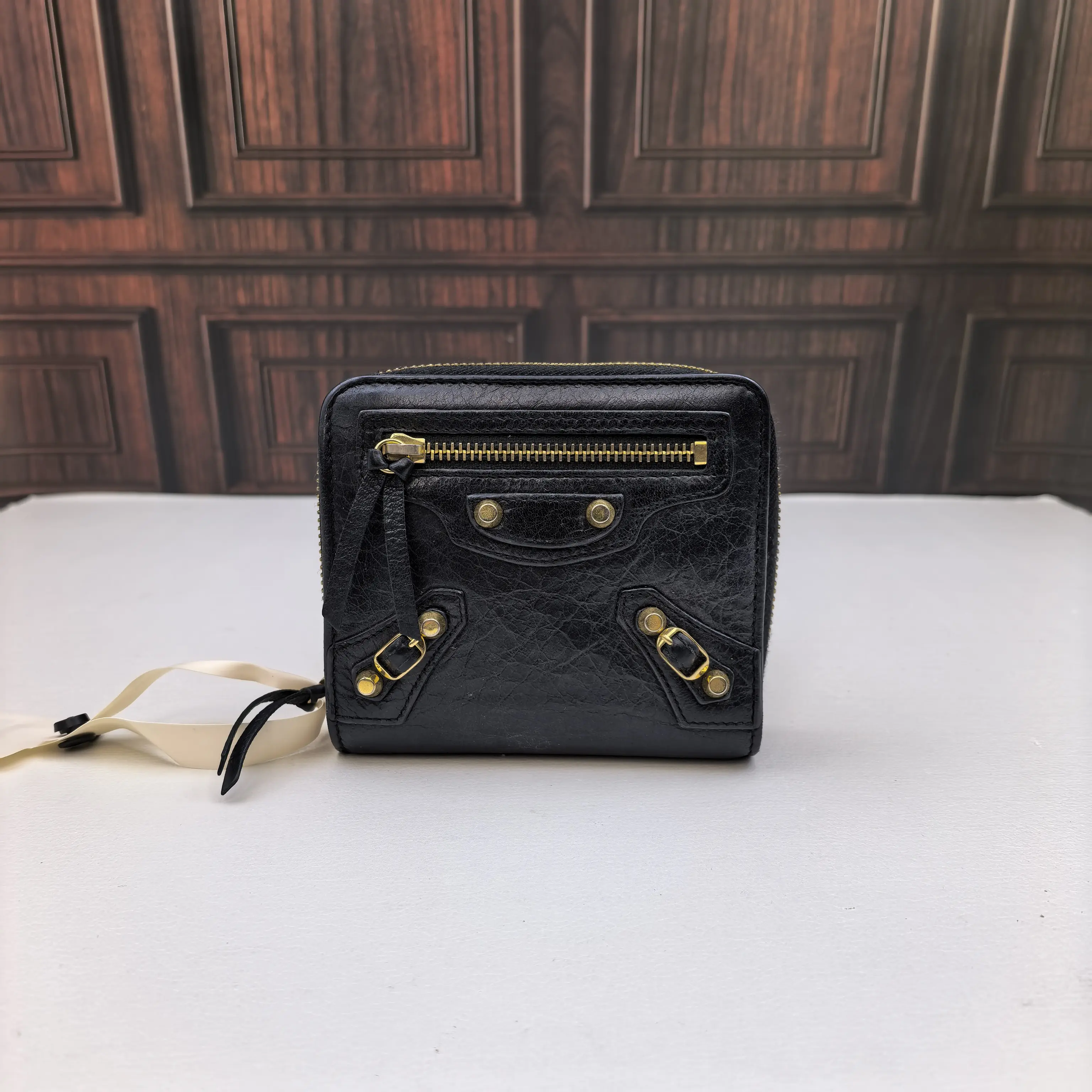 Pre-owned Balenciaga Motorcycle Series Black Short‑Zip Wallet 888