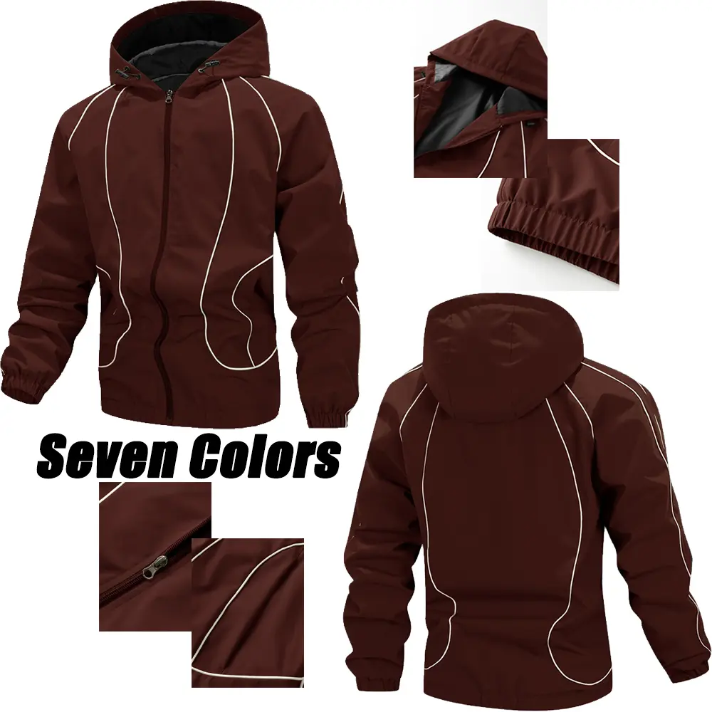 Men’s hooded zip-up athletic jacket with reflective outline lines, street-style functional design, sleek cut, windproof, versatile outerwear for camping