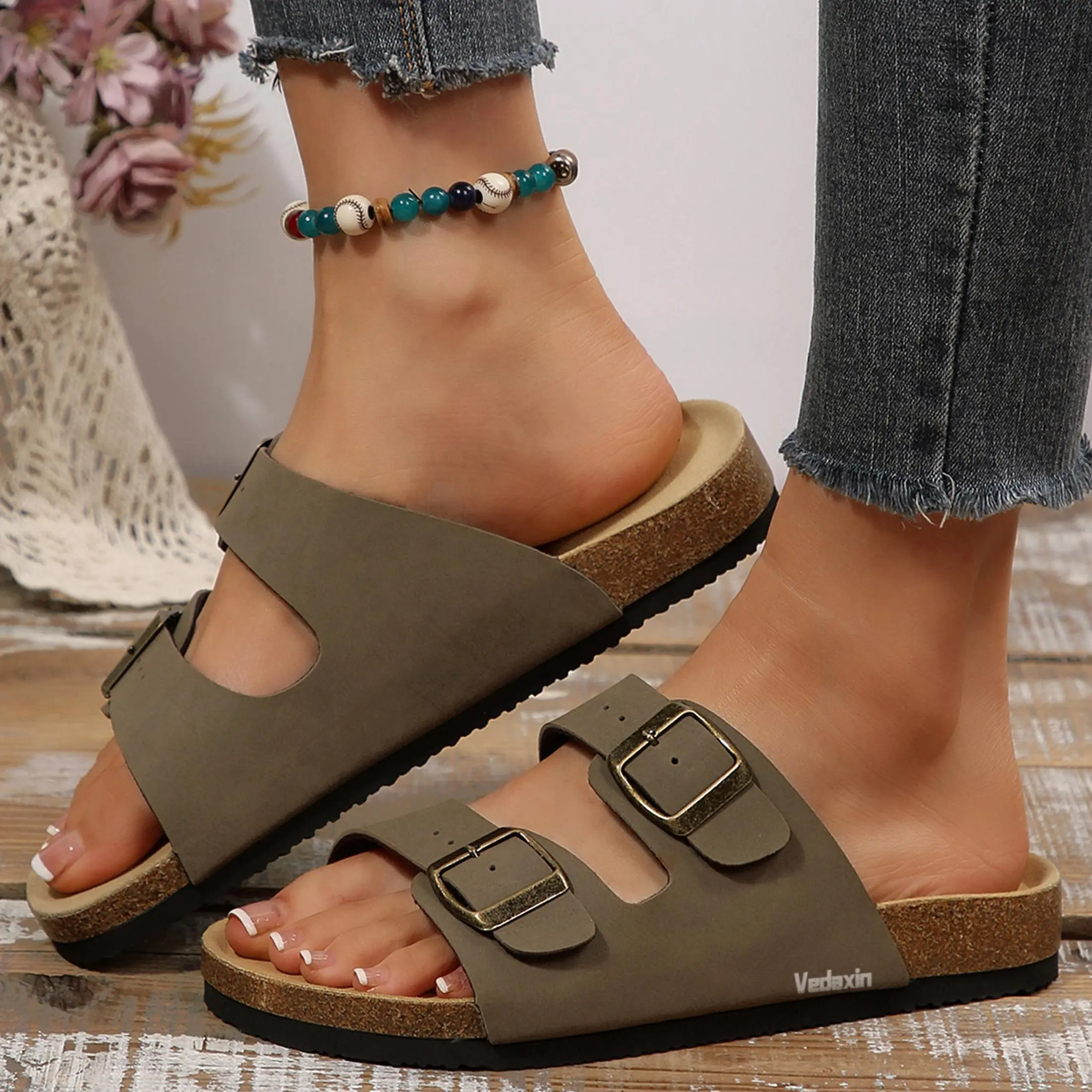Women's Casual Double Buckle Slide Sandals Cork Sole Comfort Slippers