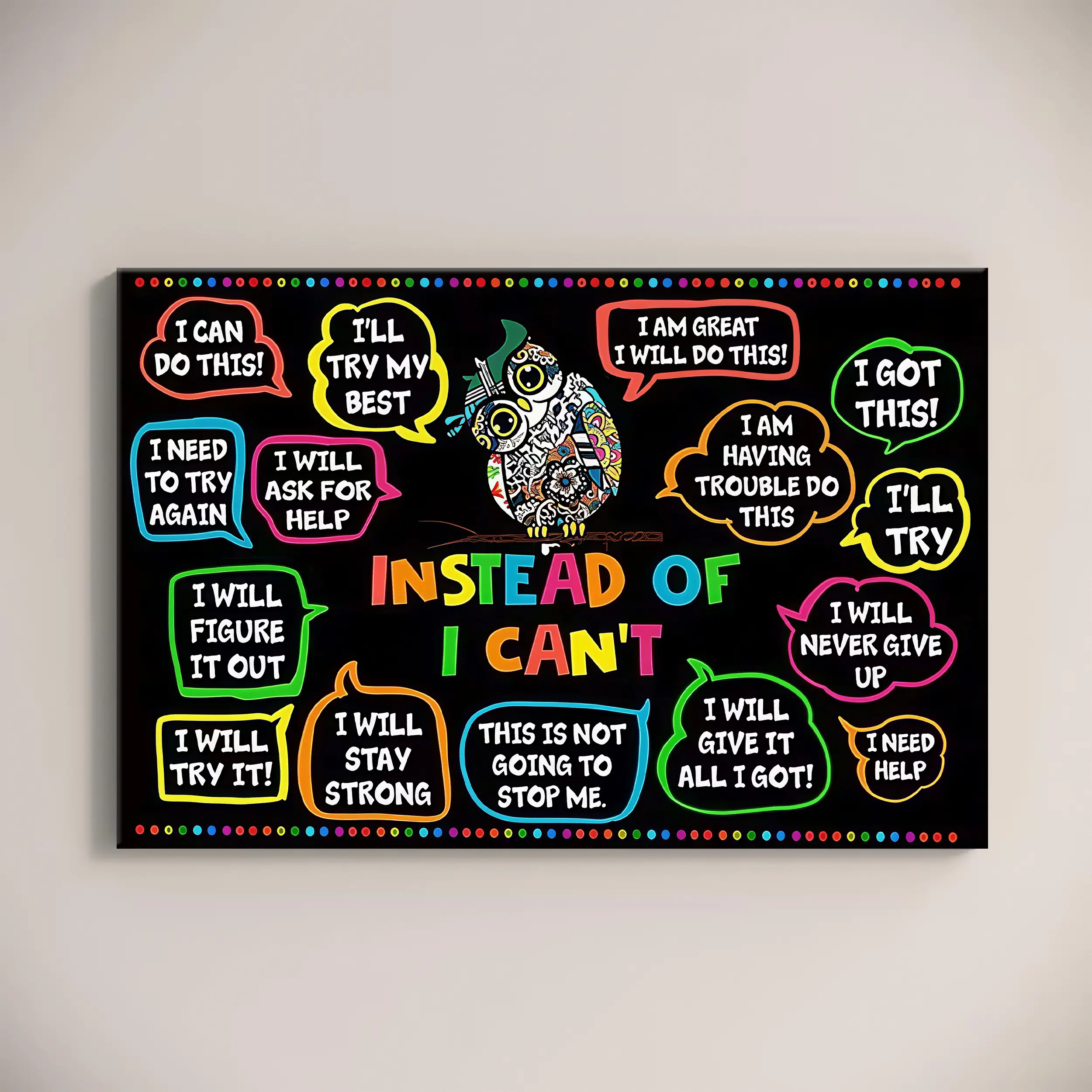 Colorful Cartoon Animal Print Waterproof Wood-Framed Canvas Wall Art - "Instead Of I Can't" Educational Poster, Back to School Teacher Gift, Contemporary Art for Kid Room Classroom
