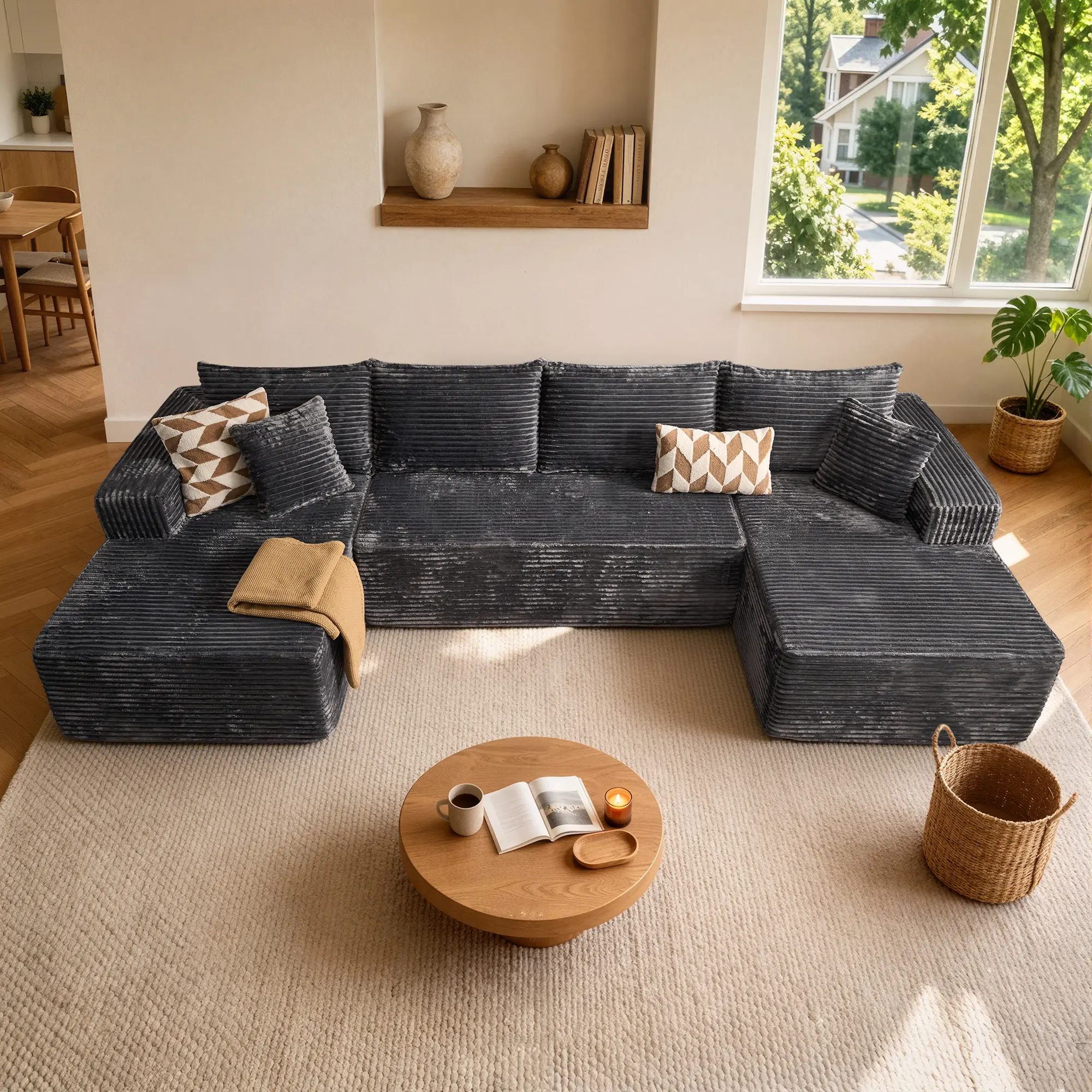 CAODOC Oversized 134.6" U Shape Cloud Couch Plus Sectional Sofa with Chaise Modern Modular Sofa with 6 Soft Pillows & Lounge Chairs Boneless Upholstered Couches for Living Room Bedroom Plush Corduroy Fabric
