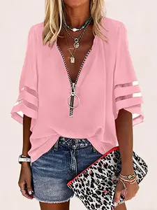 A women's solid color mesh spliced loose casual fashion V-neck zipper shirt with half bell sleeves, suitable for summer, daily casual wear, and going out. Blouse Top Womenswear
