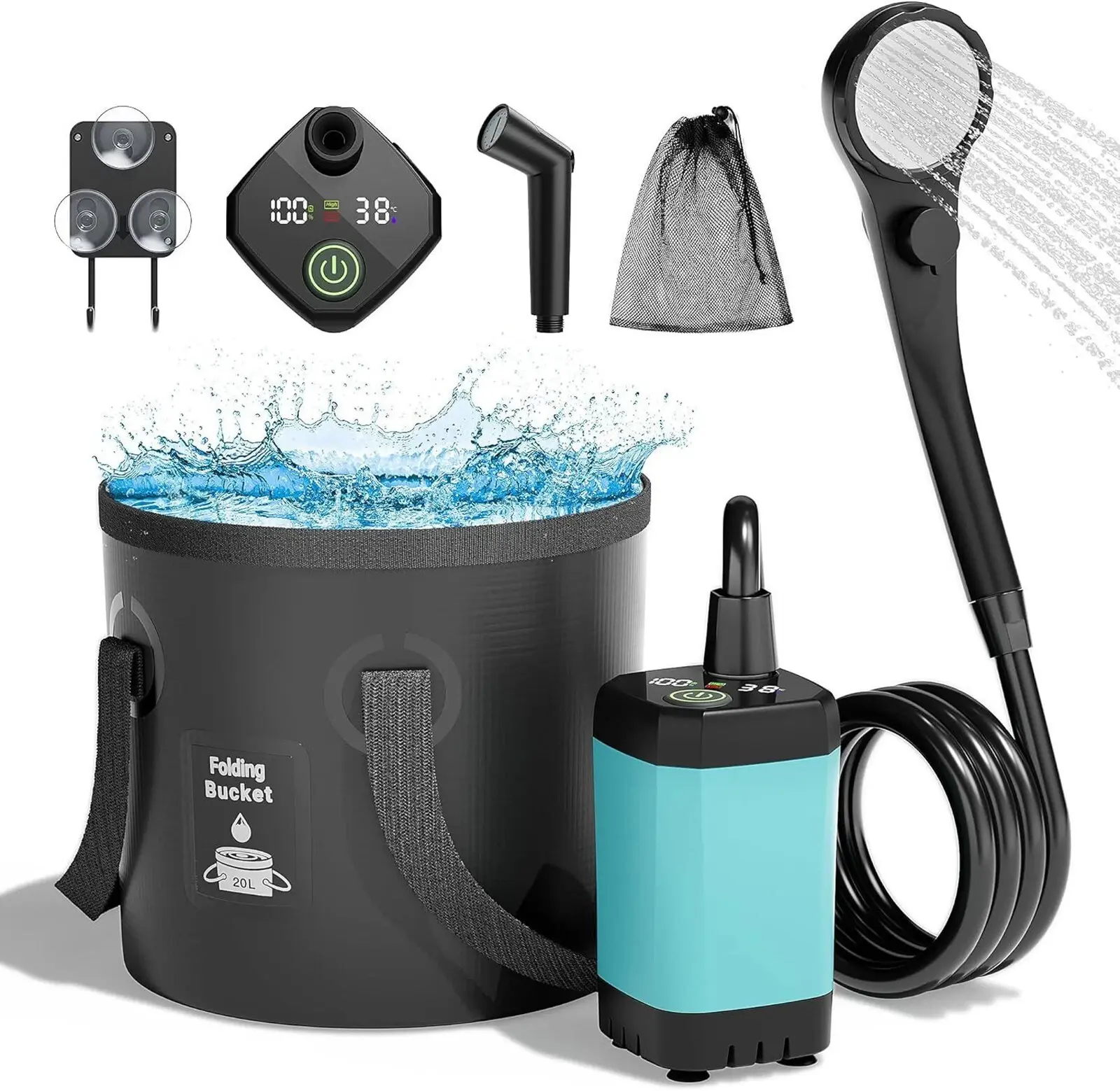 Camping Shower,6000mAh Rechargeable Shower Pump, with Filtered Shower Head & 5-Gallon Foldable Bucket & Spray Gun Head,  Solar Shower, Camping Shower Head for Beach Camping, Hiking, Traveling, Washing Outdoor Leakproof Durable Handle Strap Compact