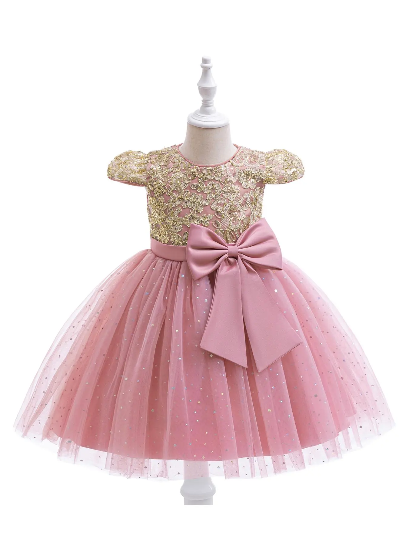 4 to 8 Years Big Bow Kids Clothes Embroidered Sequins Pink Flower Girls Frock Ball Gown Pageant Children Elegant Princess Prom Host Birthday Formal Evening Party Banquet Floral Tulle Dress for All Season Lovely Bow Dress