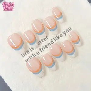Stripe French Handmade Press-On Nails, Press On Sets, Medium Almond Shape, 10pcs, Fresh Sunny Stripe French Design, Sheer Nude Base & Orange Blue Contrast Stripe & White French Edge, Reusable DIY Nail Art Kit for Women, Trendy Nails for Spring