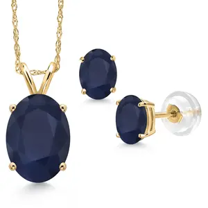 14K Yellow Gold Blue Sapphire Pendant Earrings Jewelry Set For Women | 5.60 Cttw | Gemstone September Birthstone | Oval 11X9MM | with 18 Inch Chain