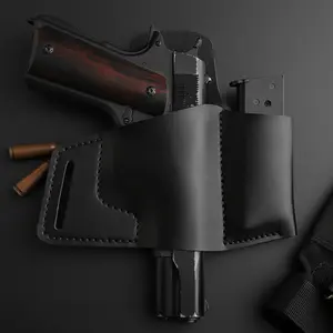 OWB (Outside the Waistband) leather holster, multi-functional design with integrated magazine pouch, suitable for various firearm models including 1911, G17-G19, etc., ideal for hunting, shooting, and daily training. Bullets