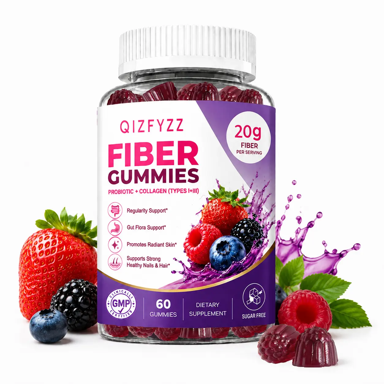 20g Dietary Fiber Gummies with Collagen Peptides, 30 Billion CFU Probiotics, Hyaluronic Acid, Vitamin C & Apple Cider Vinegar — Sugar-Free Prebiotic Fiber Gummies for Digestive Health, Skin, Hair & Nail Support — 60 Count