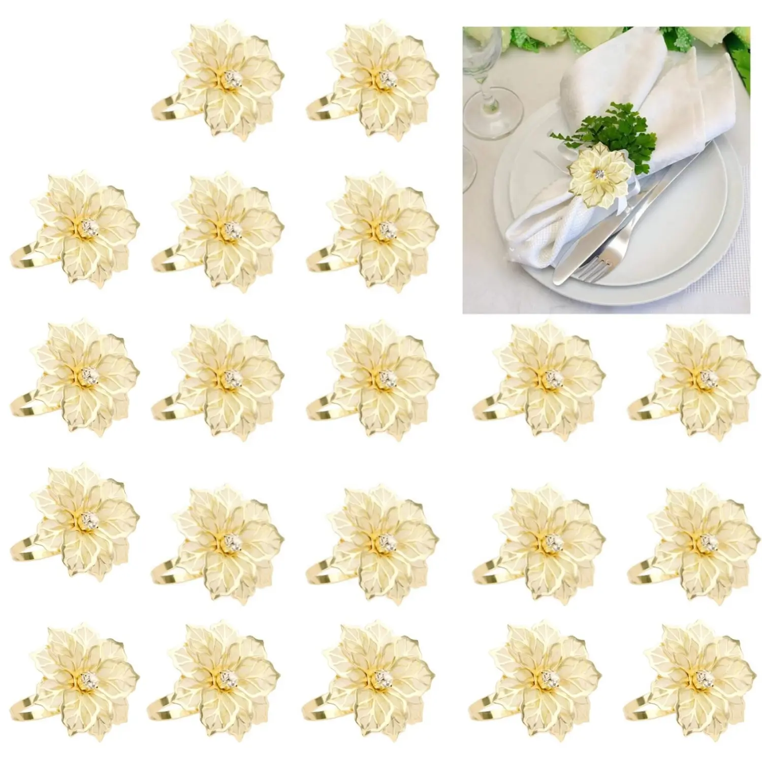 20pcs(flower-gold) Sturdy Gold Hollow-Out Rhinestone Flower Metal Napkin Rings, Home Improvement Tableware Table Top Decoration, Ideal for Christmas, Wedding Banquet, Birthday, Fathers Day Gift