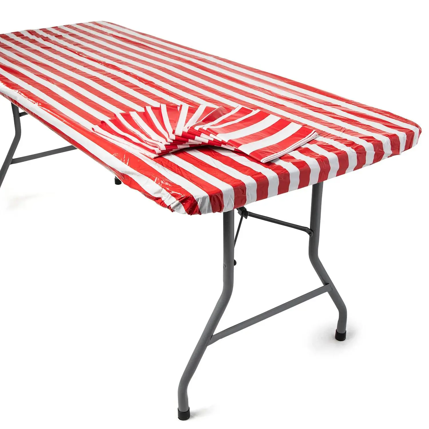 Bulk 12 Pc. 8 Ft. Red & White Striped Rectangle Fitted Plastic Tablecloths