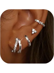 Hypoallergenic Small Hoop Earrings for Women, Chunky Huggie Stackable Design, Dainty Silver Color Cartilage Studs, Trendy Jewelry