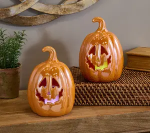 Set of 2 7" Illuminated Ceramic Jack-O-Lanterns by Valerie