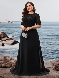 Large size mesh splicing sequins decorated Formal Evening dinner dress dress, fashion party dress, Fitted slim effect is good, suitable for special occasions and night out.