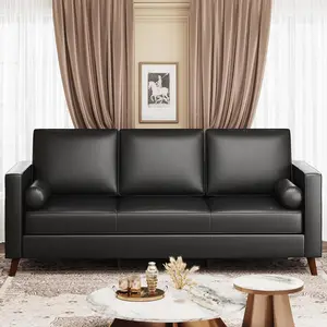 Garvee 86" Faux Leather Sofa, Mid Century Modern Deep Seat Couch, Leather Couch with Upholstered Cushion&Removable Cover, 3 Seat Sofa for Living Room, Office