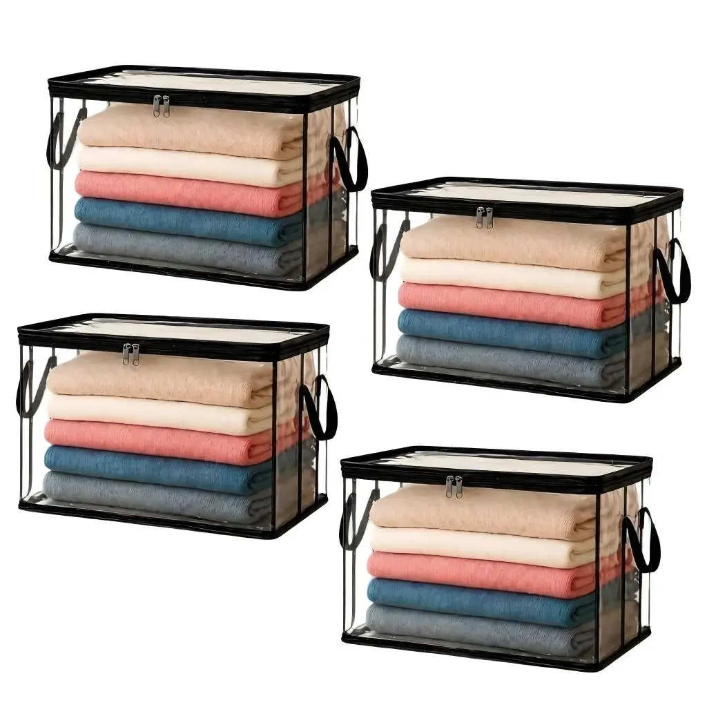 Clear Storage Box with Zipper Handles, 4PCS Extra Large Storage Bags for Clothes Blankets Toys Moving Foldable Closet Organizer Storage Containers