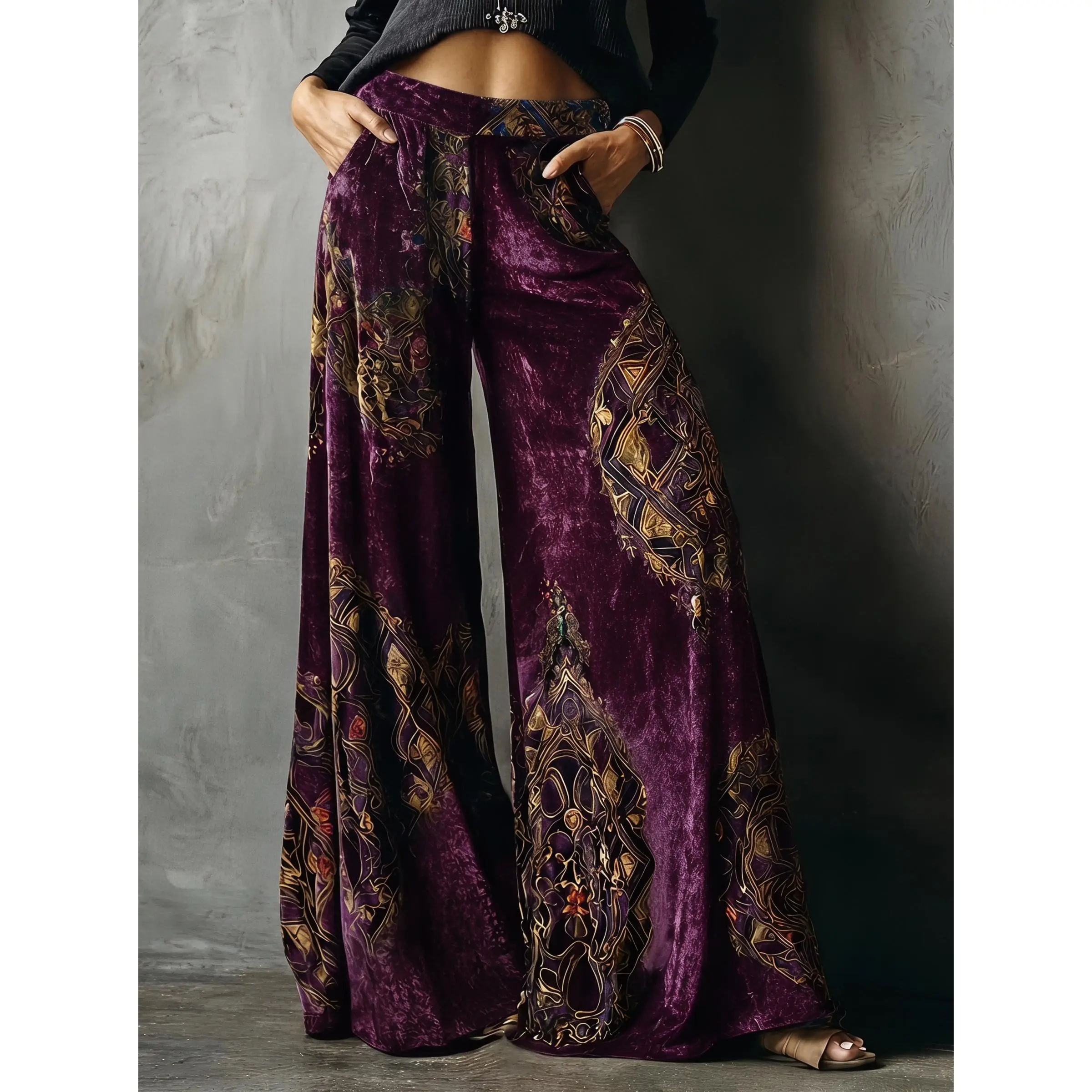 2026 Women'S Fall Vintage Ethnic Floral Geometric Print Velvet Wide-Leg Pants, High-Waist Loose Drape Flowy Boho Casual Trousers with Side Pockets