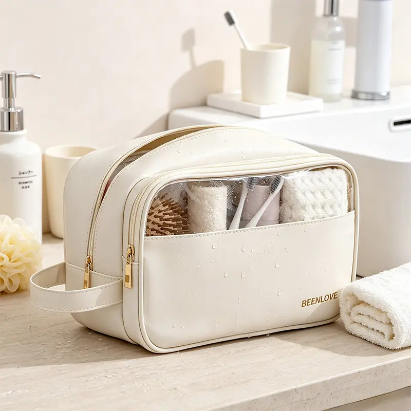 Women's Waterproof PU Leather Toiletry Bag - Clear Window Large Capacity Portable Organizer, Travel Makeup Organizer Bag for Women and Men