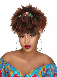 Brown Afro Headband Wig Kinky Curly Headband Wig with Bangs Head-Wrap Wigs 2 in 1 Ombre Afro Puff Wig With Bangs for Women Synthetic Hair Half Wigs