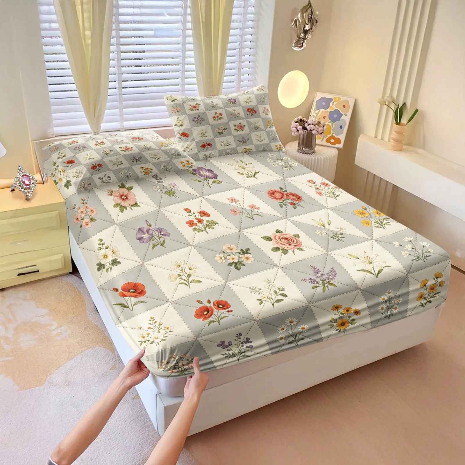 3pcs Low Saturation Patchwork Floral Bed Skirt Set, High Elastic Full Coverage Non-Slip, Breathable Anti-Pilling, Soft Healing Bedroom Linen, Bedskirt Set