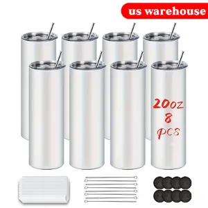 8 Pack 20 OZ Sublimation Tumbler Blanks Skinny Straight in Bulk, Stainless Steel Insulated Sublimation Tumbler with Polymer Coating for Heat Transfer, with Lid, Straw, Rubber Bottom, Gift Box Customizable Drinkware Flasks daughter son husband