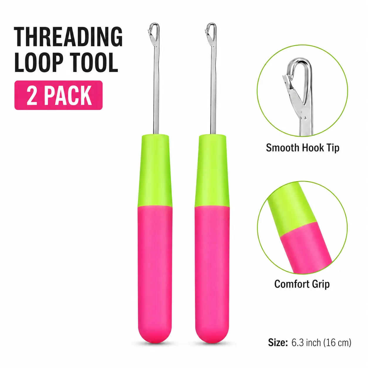 Latch Hook Crochet Tool Set, 2 Pack Metal Hooks with Comfortable Grip for Hair Extensions, Micro Braids, and Rug Making, Crochet Hook Set